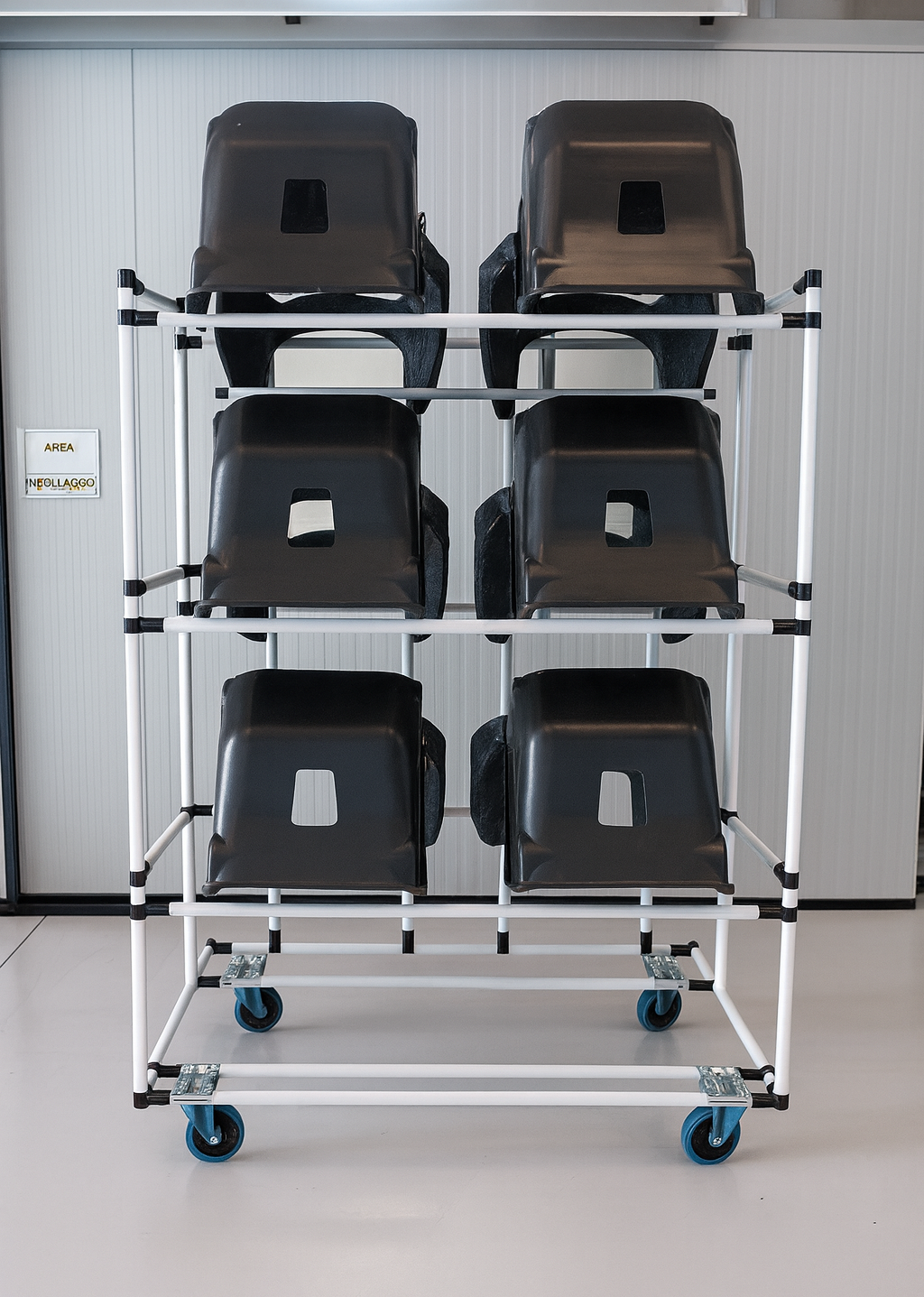 Porta oggetti flessibile e modulabile per magazzino con ruote
